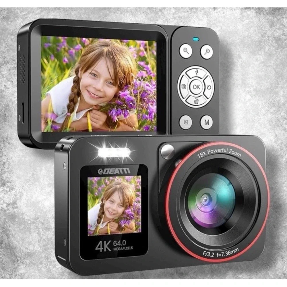 Deatti 4k Digital Camera W/ Dual Screen 18x Zoom Rachargable Camera - Black